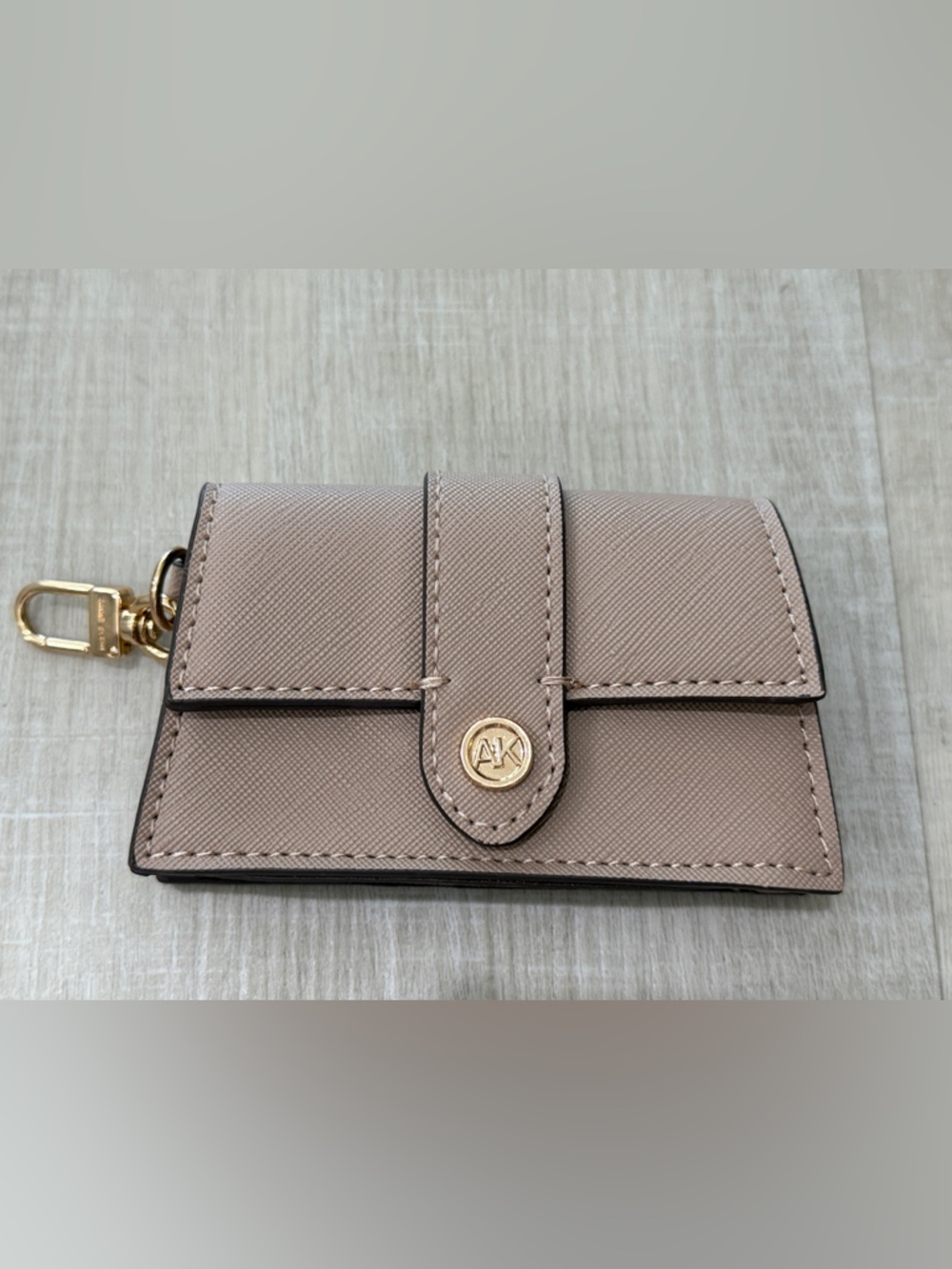 Anne Klein Taupe Mini Card Holder with Gold Hardware Keychain Wallet Snap